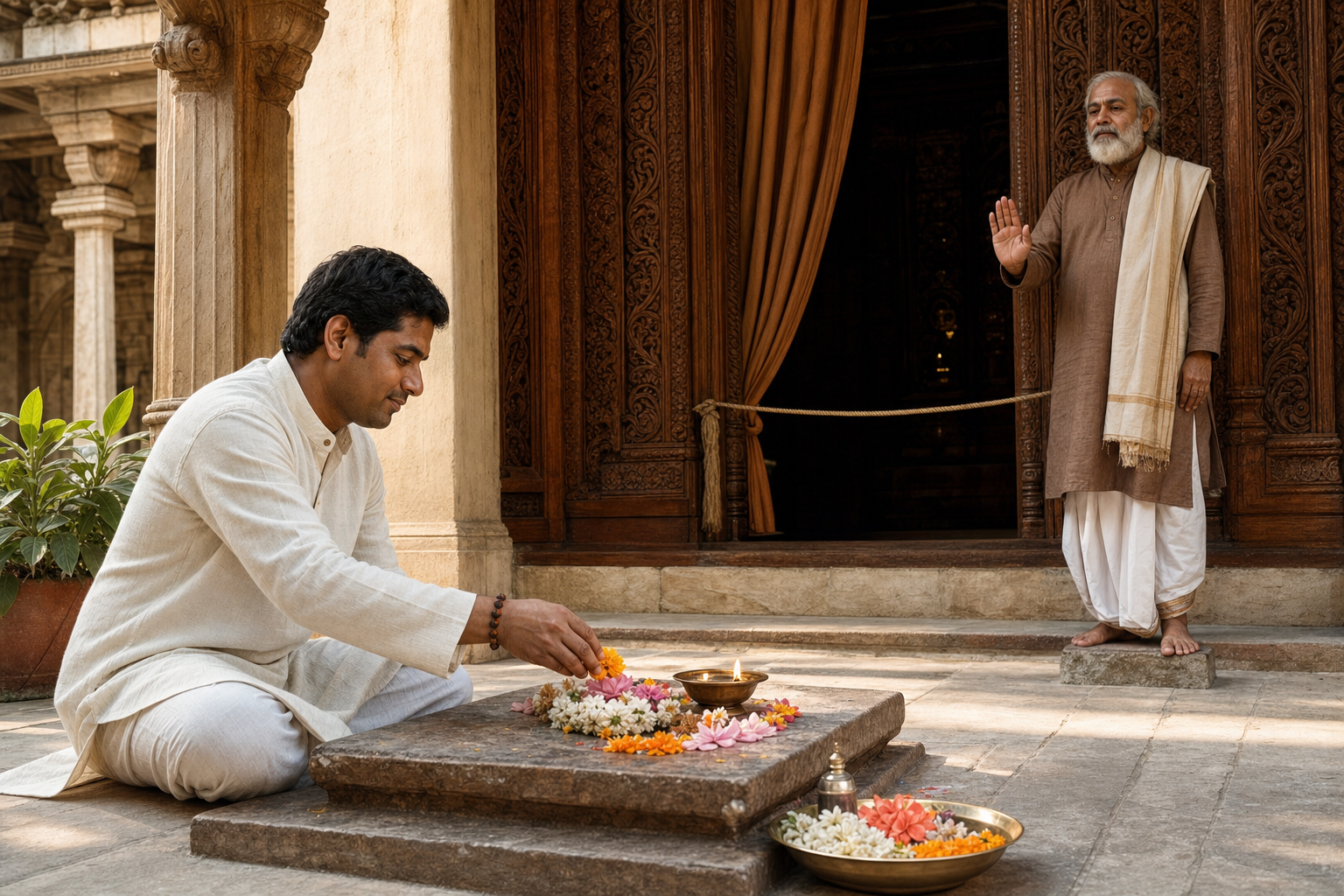 A devotee offers flowers and a lamp in a temple courtyard while a teacher calmly guards the curtained threshold to an inner chamber.