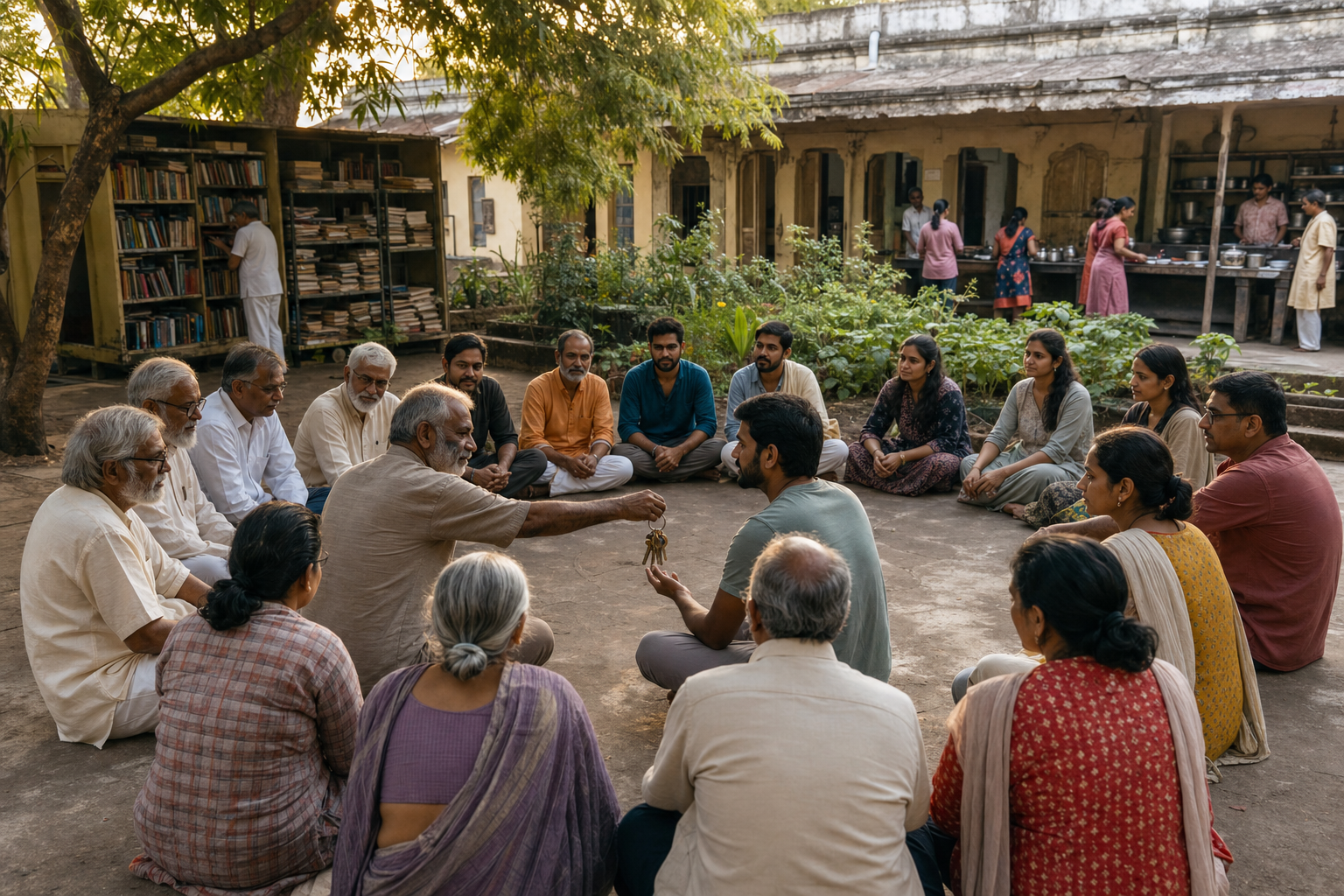 Elders and younger community members meet in a courtyard as a volunteer receives building keys beside a library, kitchen and garden.