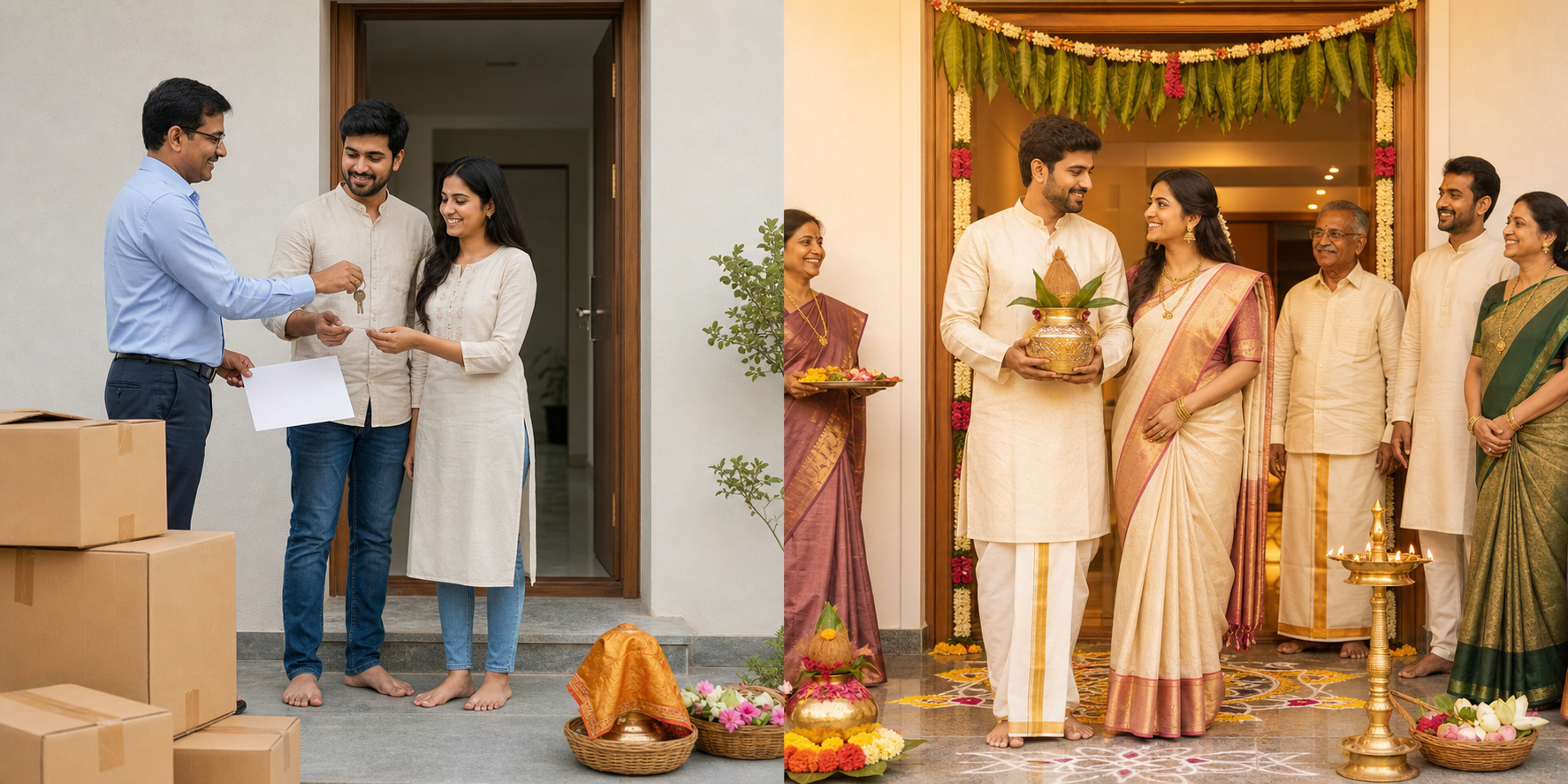 A diptych shows a couple first receiving house keys with moving boxes and later returning with family, lamps, flowers, rangoli, and a ceremonial pot.