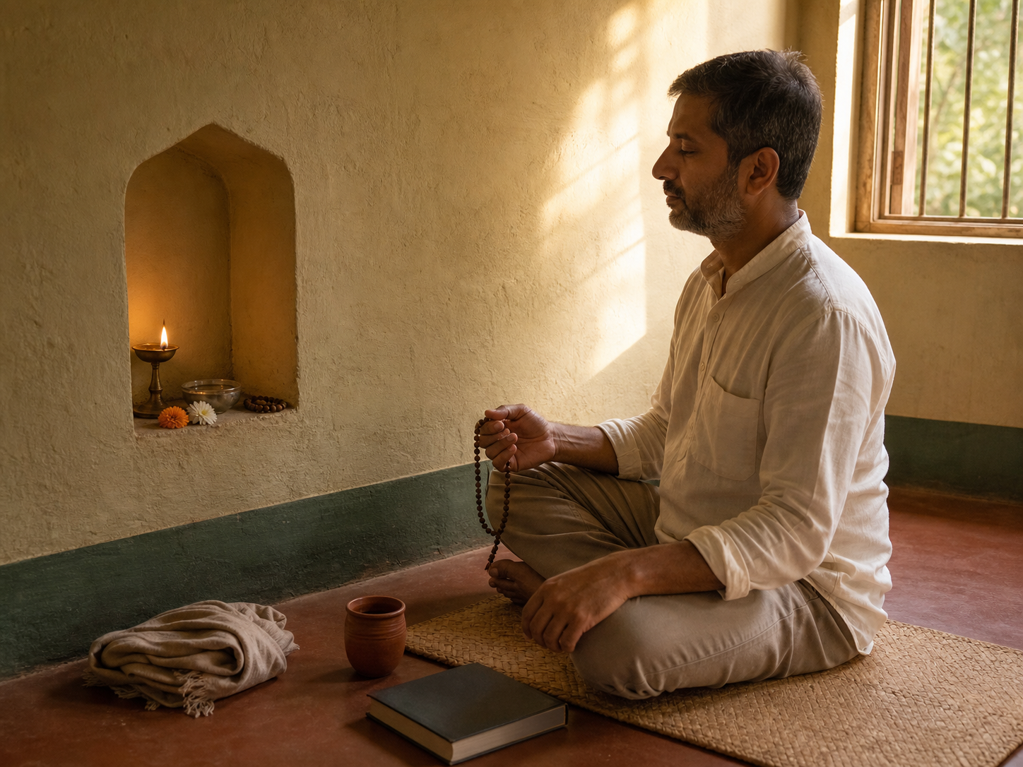 An open sacred book, a place stone, a blank notebook, prayer beads, and a brass lamp are arranged in a circle on a woven mat.