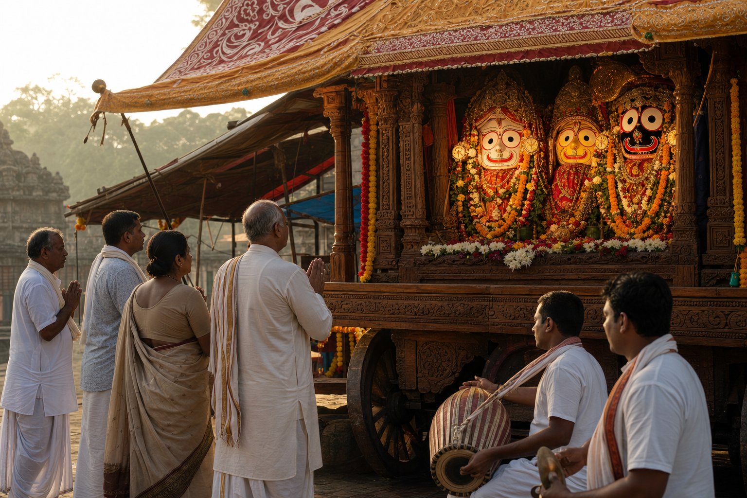 Devotees with folded hands receive darshan of Jagannath, Balabhadra, and Subhadra on a flower-decorated chariot.