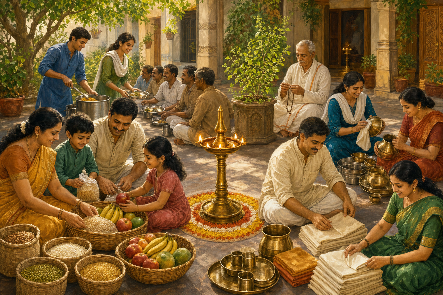 Families in a courtyard prepare donation baskets, serve a meal, use prayer beads, and organize ceremonial vessels around a brass oil lamp.