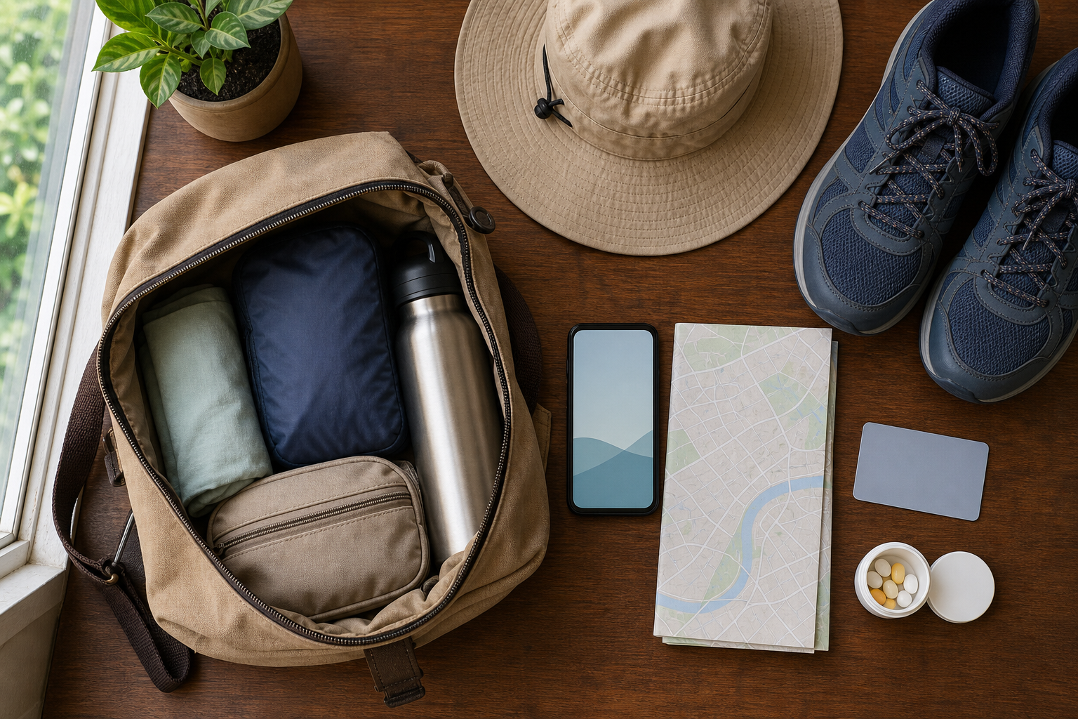A day bag, phone, map, water bottle, hat, rain layer, walking shoes, transit card, and medication are arranged for festival travel.