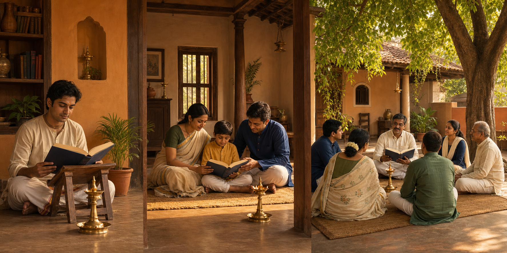 Three adjoining spaces show an individual studying alone, a family reading together, and a mixed-age group gathered around an open sacred book.