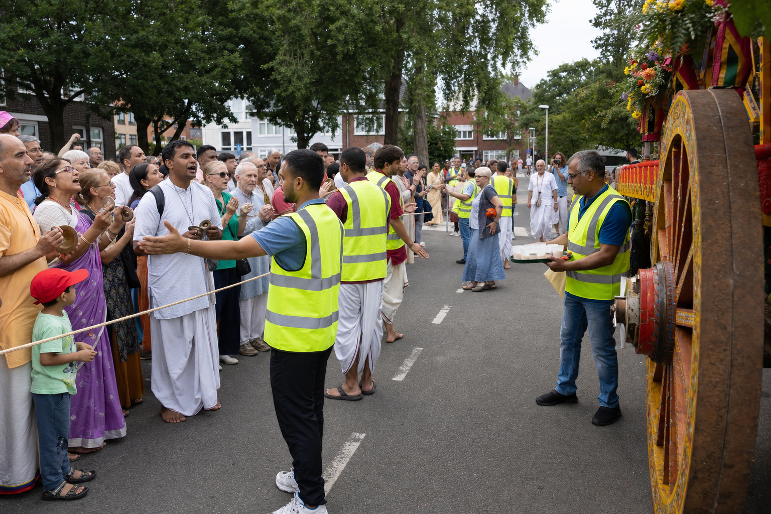 Volunteers keep a clear corridor beside a Ratha Yatra chariot while devotees participate from behind a rope boundary.