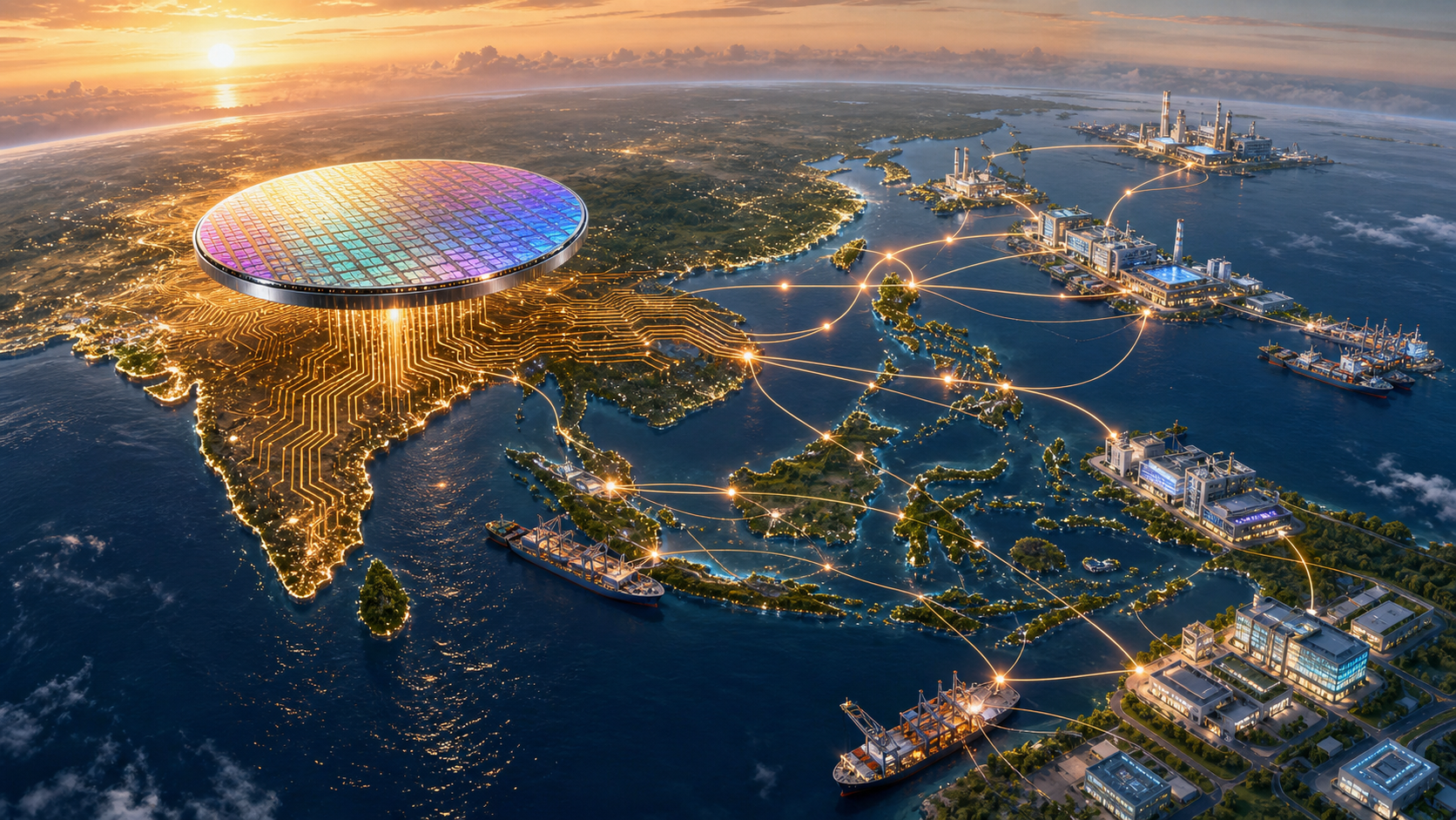 An iridescent silicon wafer above Bharat connects by glowing circuit-like routes to semiconductor plants, laboratories, ports, and packaging facilities across the Indo-Pacific.