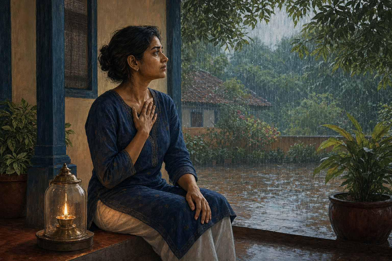 A South Asian adult pauses on a shaded veranda beside a protected oil lamp while monsoon rain falls in the courtyard.