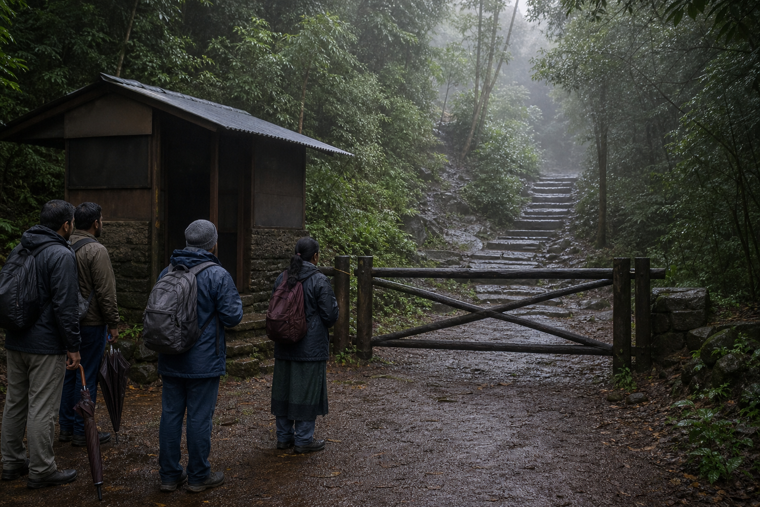 Pilgrims wait near a closed barrier at the entrance to a rain-dampened forest trail leading into misty hills.