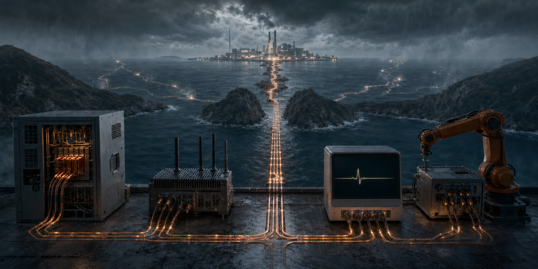 Medical, communications, power, and industrial equipment are linked by delicate copper traces to one distant chip production complex across a stormy sea passage.