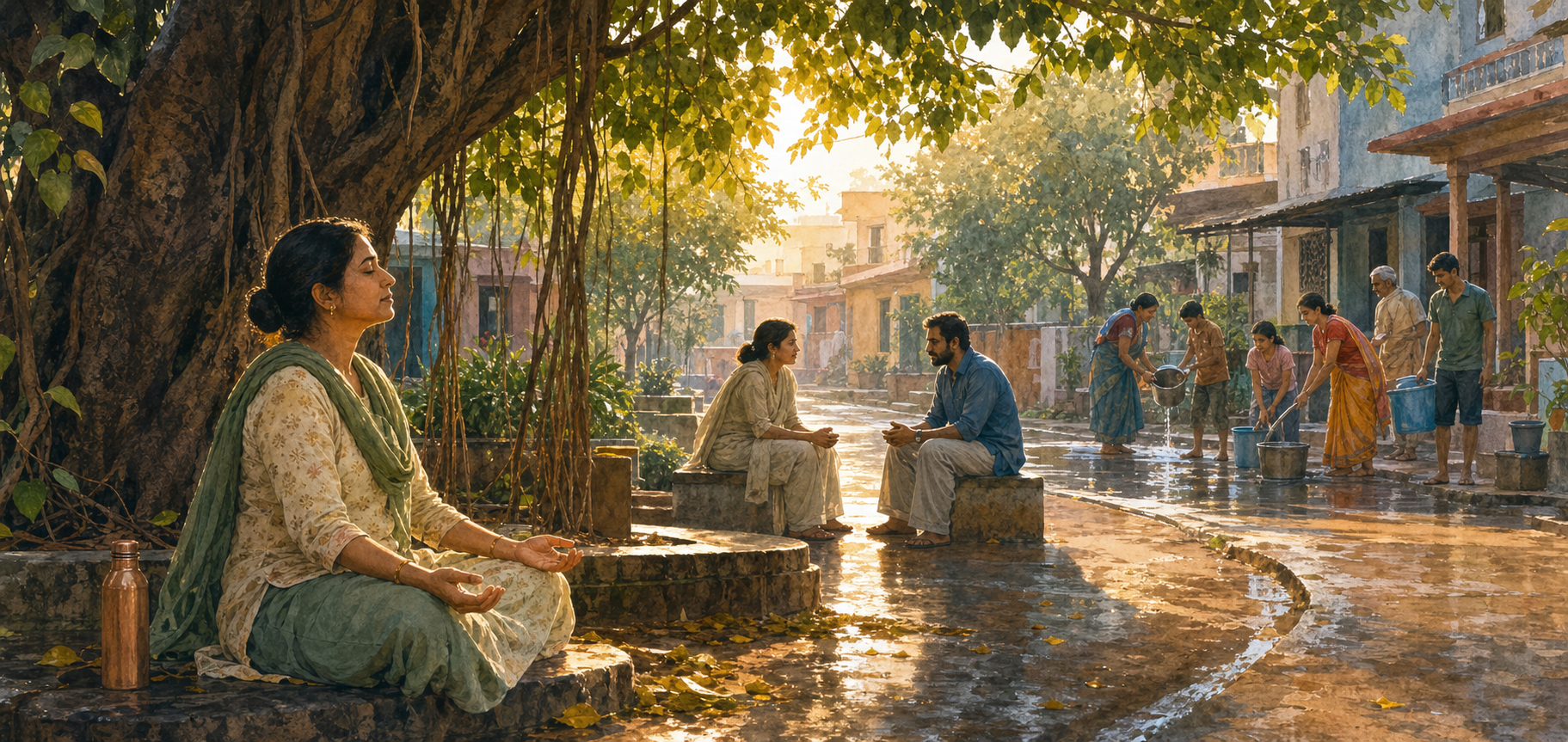 A woman breathes quietly beneath a tree as two adults reconcile nearby and neighbors work together in a shared courtyard.