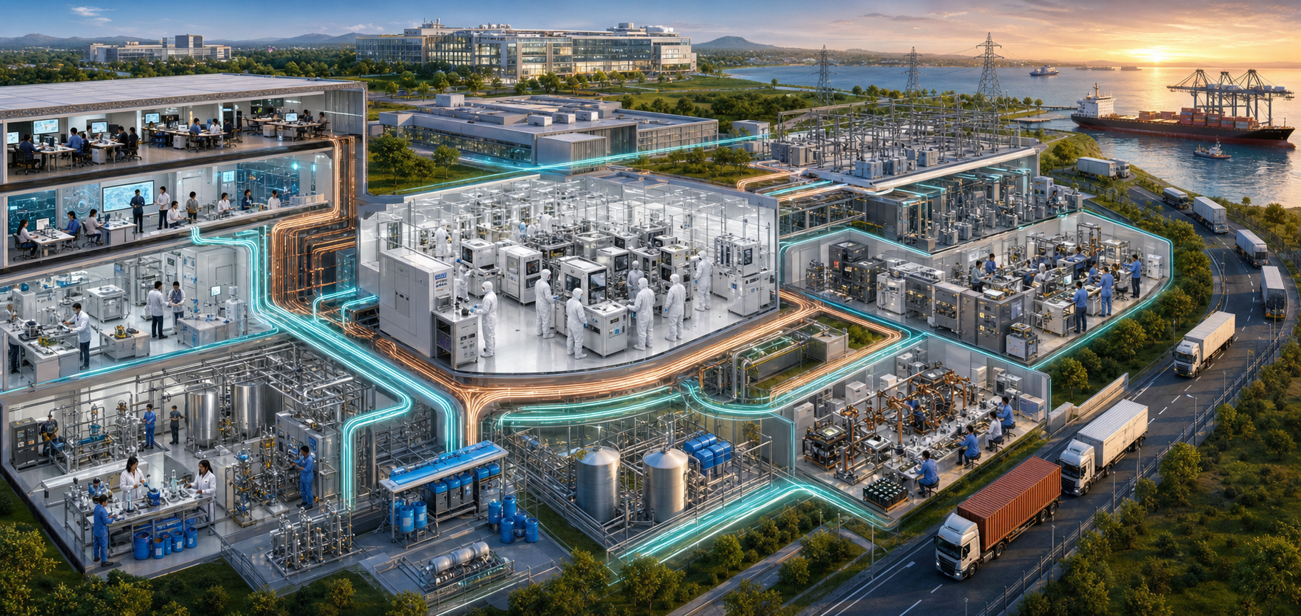 A connected semiconductor ecosystem includes chip design, wafer fabrication, materials research, equipment maintenance, packaging, testing, utilities, education, and port logistics.