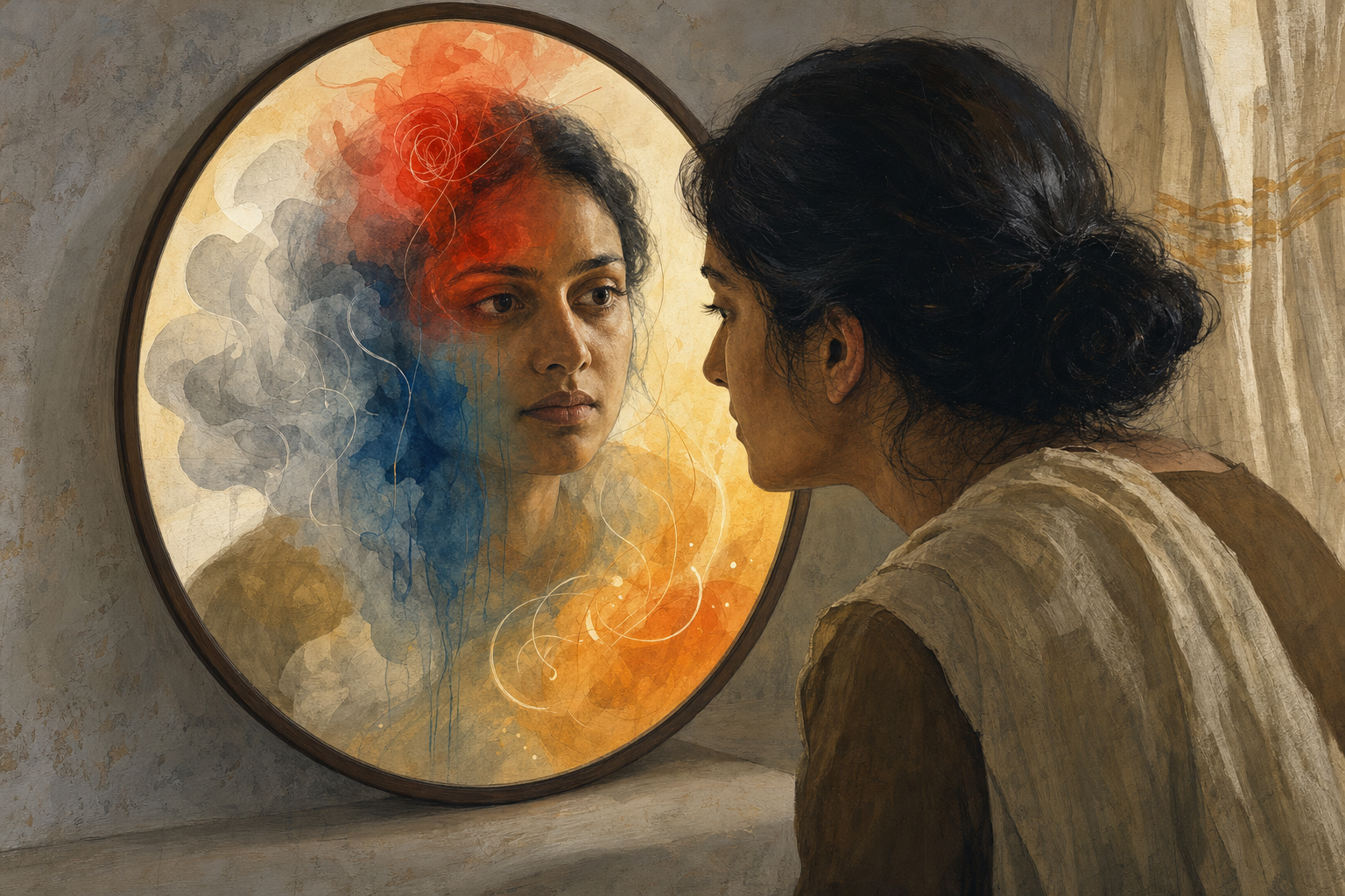 A South Asian adult studies their reflection while abstract red, blue, gray, and amber forms surround the face in the mirror.