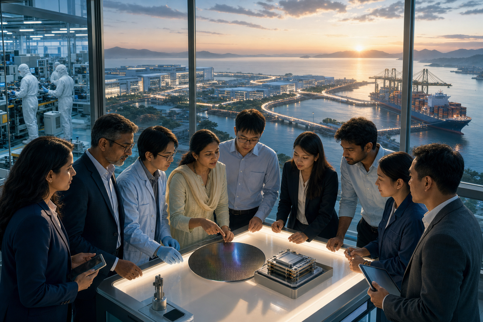 Indian and Indo-Pacific specialists examine a silicon wafer together as research facilities, semiconductor plants, and a cargo port connect across a coastal landscape.