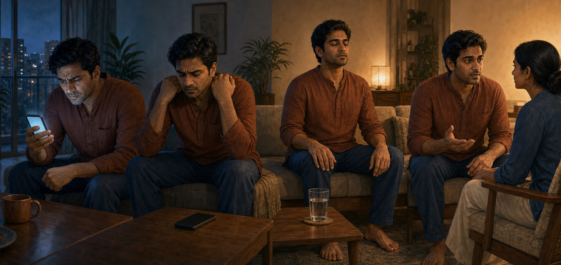 Four connected scenes show one adult receiving an upsetting phone notification, pausing, breathing, and then speaking calmly with another person.