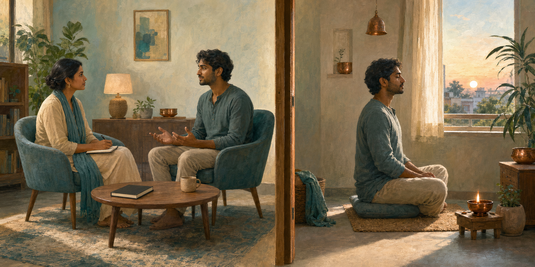 The same adult speaks with a mental health professional in one room and practices quiet meditation alone at home in another.