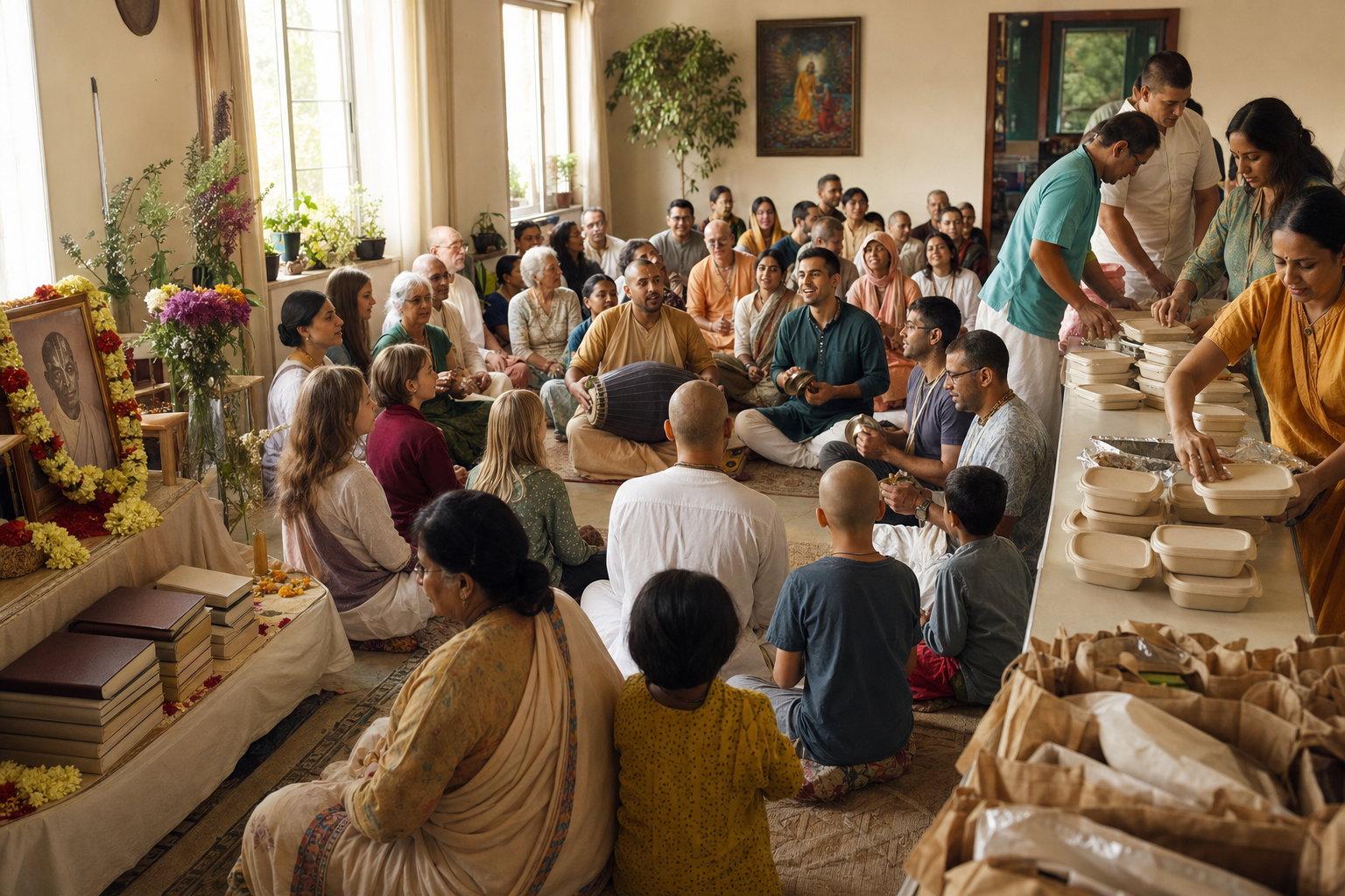 An intergenerational ISKCON community moves from a memorial gathering to a participatory kirtan and the preparation of vegetarian meals and care parcels.