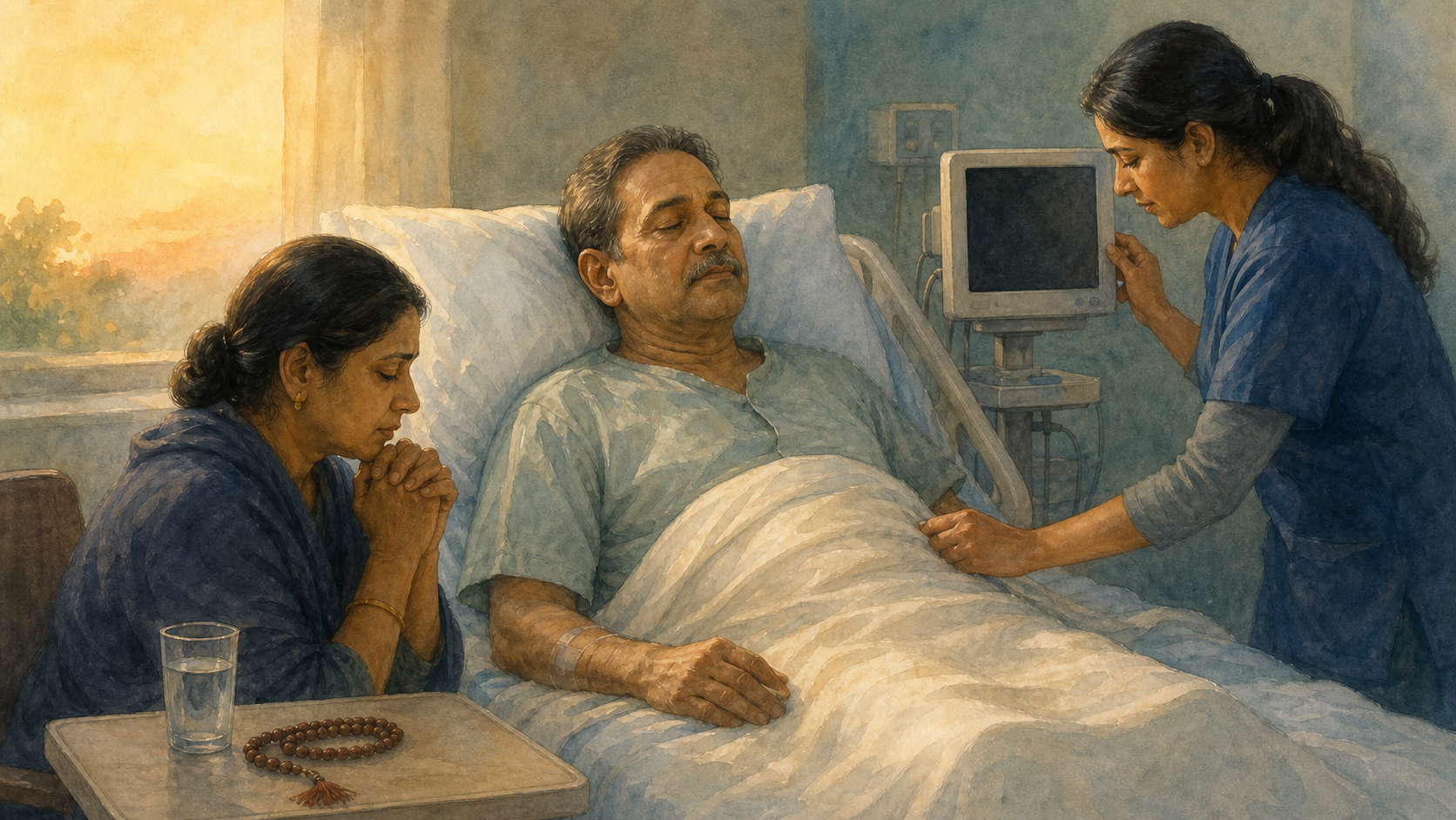 A family caregiver prays beside a seriously ill patient while a clinician provides care in a softly lit hospital room.