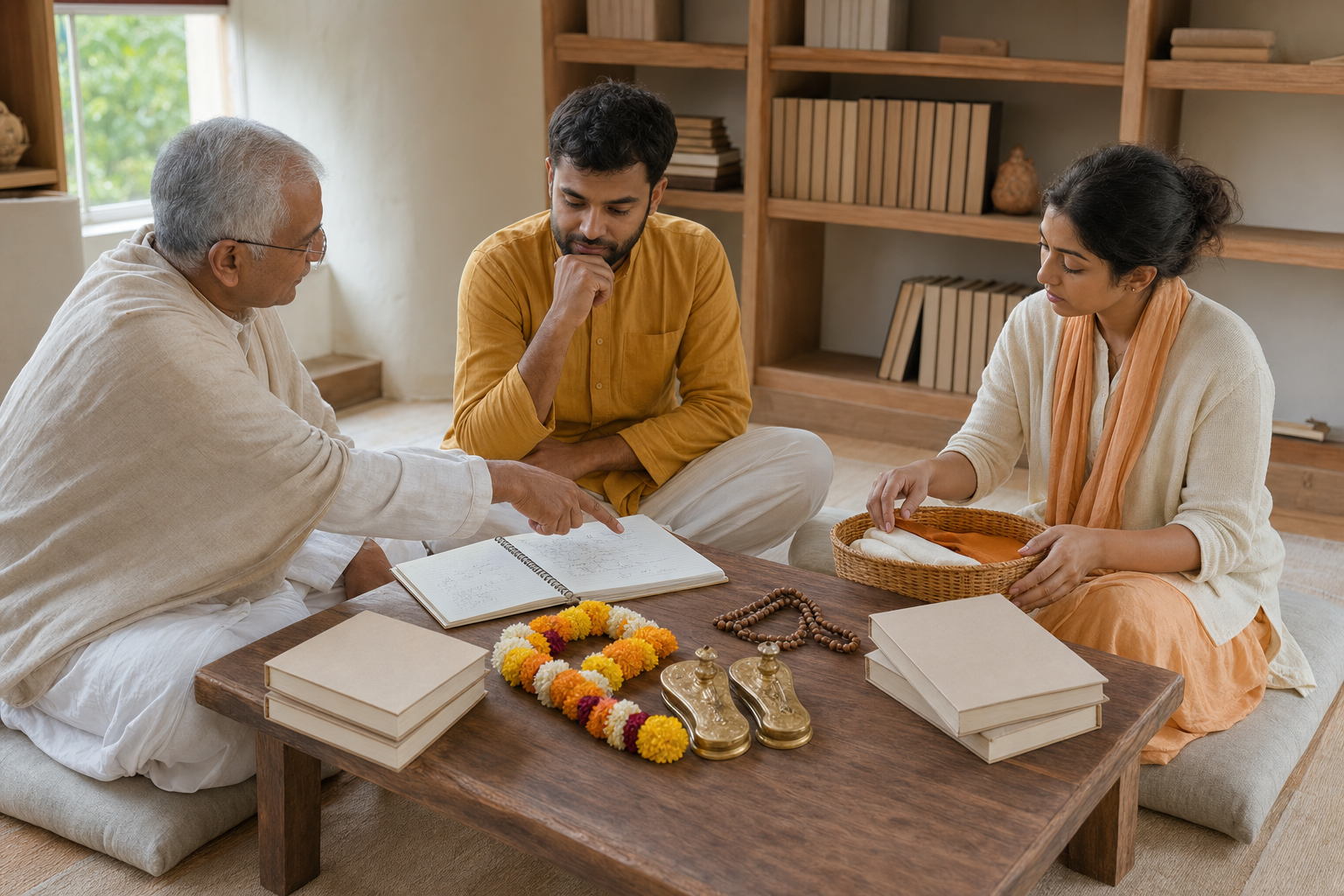 Three Vaishnava community organizers discuss service plans beside a flower garland, brass devotional sandals, prayer beads, and sacred books.