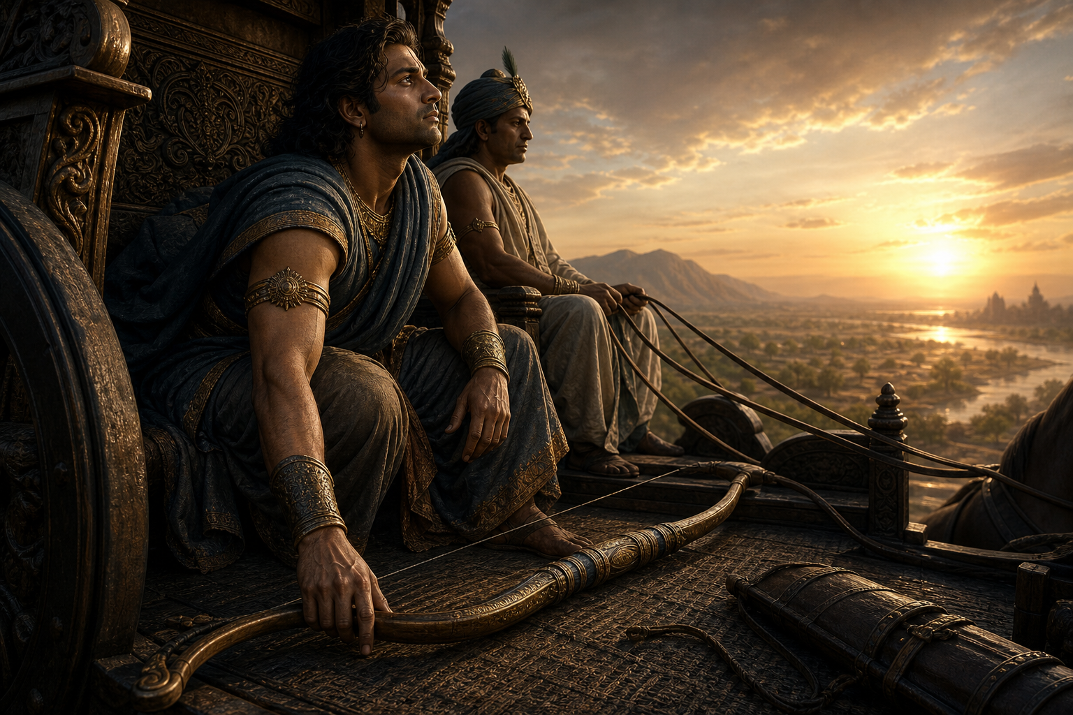 A seated ancient Indian warrior reaches for his bow as sunlight opens across the horizon beside his charioteer.