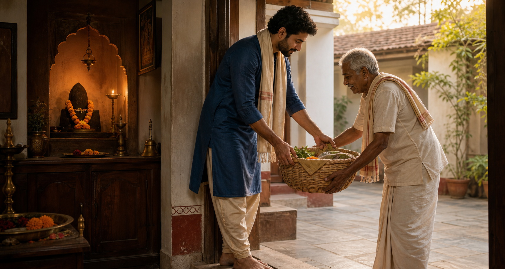 A devotee leaves a lamp-lit home shrine and helps an elderly family member carry a basket in a sunlit courtyard.