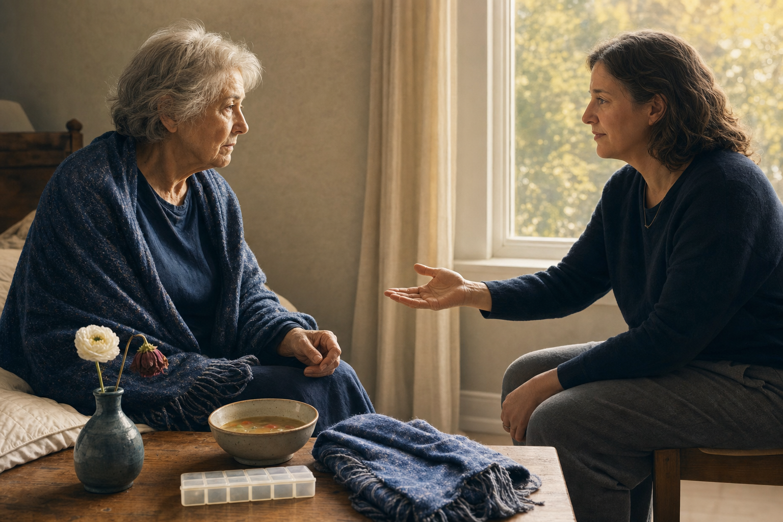 An older patient sits by a window as a loved one offers an open hand in a quiet home-care room.