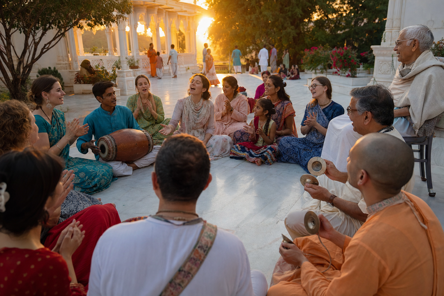 Adults, elders, and children chant, clap, and play drums and cymbals together in a seated kirtan circle without a raised stage.