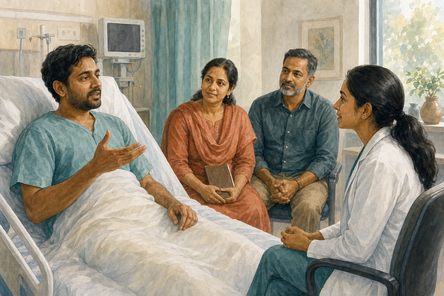A patient speaks with a seated clinician while concerned relatives listen from beside the hospital bed.