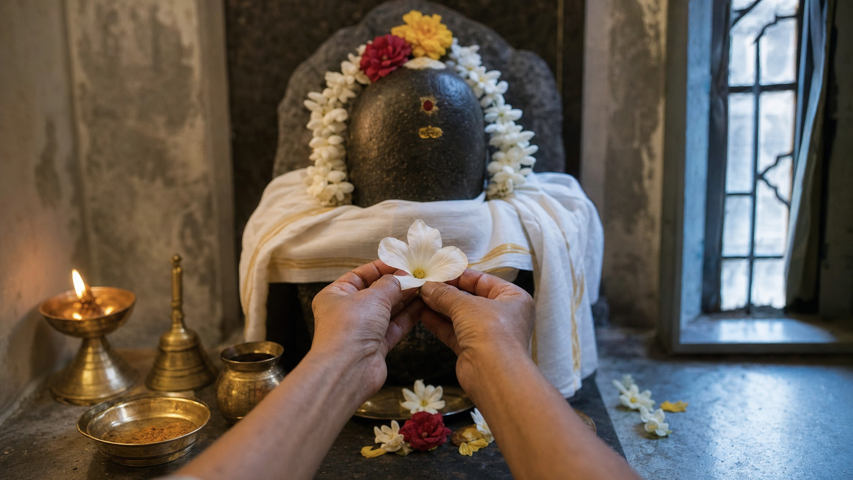 Hands offer a white flower at a home shrine with a consecrated stone form, an oil lamp, a bell, and brass vessels.