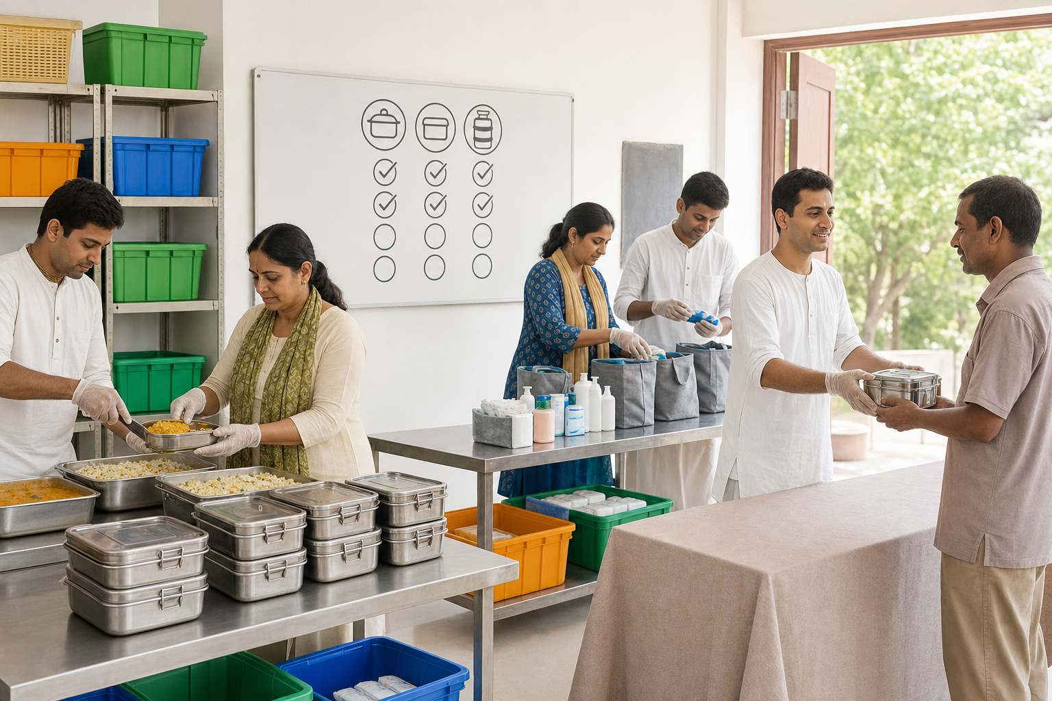 Volunteers portion vegetarian meals, assemble hygiene parcels, verify supplies in pairs, and respectfully serve a visitor in an organized community hall.