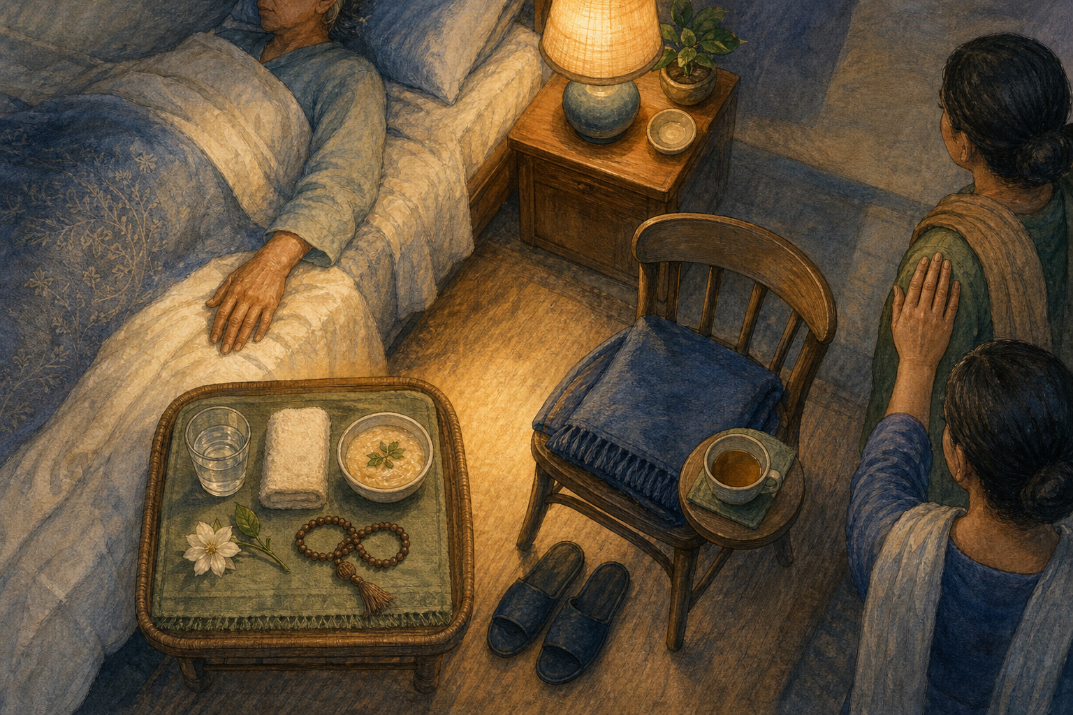 Two caregivers exchange bedside responsibility near care supplies, prayer beads, an empty chair, and a folded rest blanket.