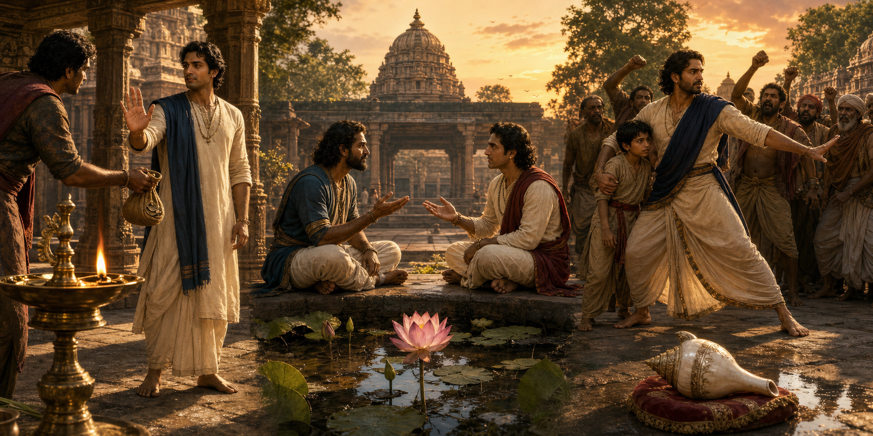 Three connected scenes show a lamp beside an honest refusal, a lotus beside a reconciliatory conversation, and a conch beside an act of protection.