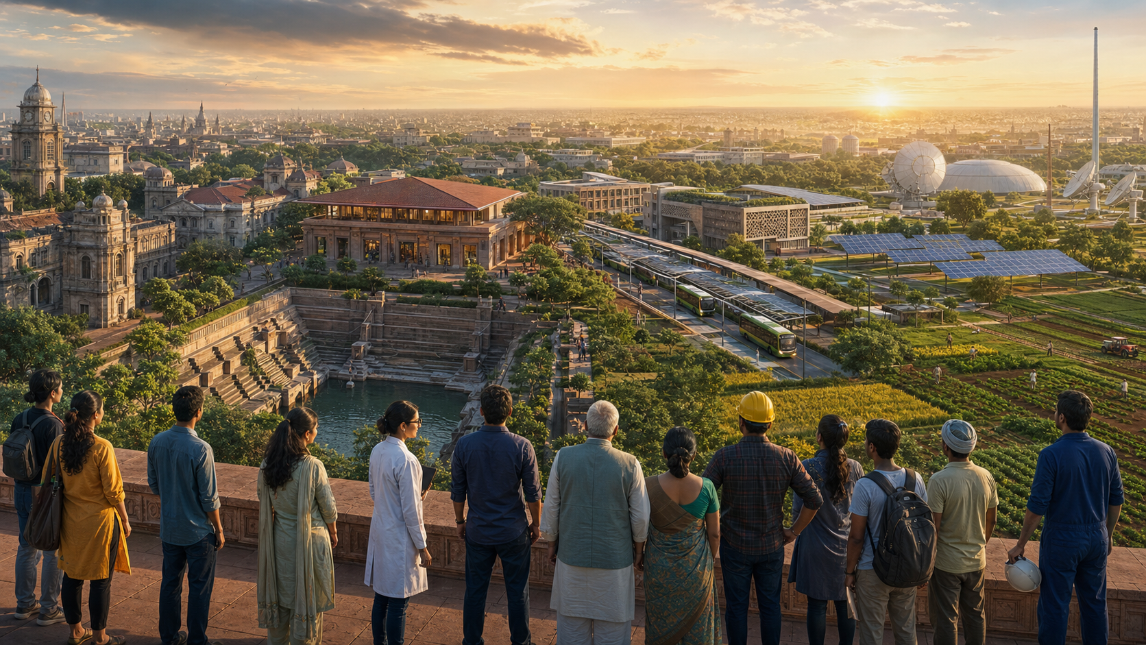 A diverse group of Indians overlooks a sunrise landscape combining a stepwell, public institutions, modern transit, research facilities, manufacturing and farmland.