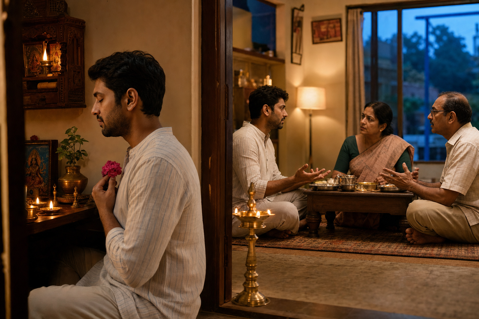 A devotee reflects beside an oil lamp before carrying the same calm attention into a tense family conversation.