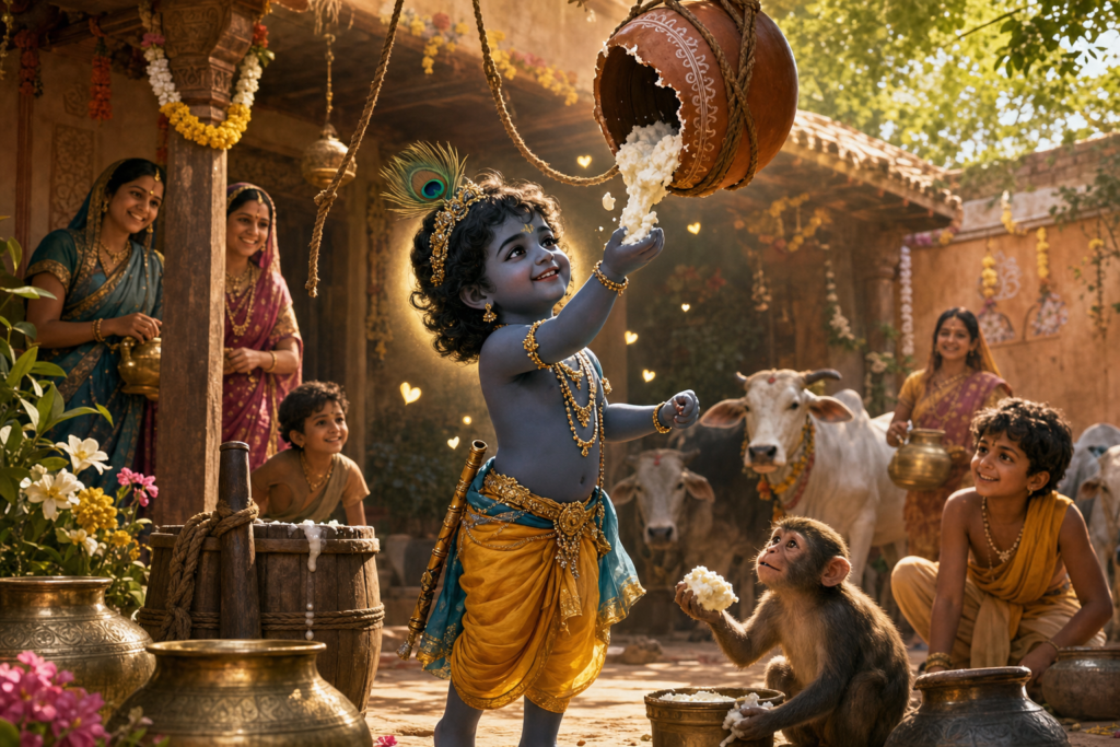 Young Lord Krishna as Makhan Chor catching butter from a hanging clay pot in a sunlit Vrindavan courtyard.