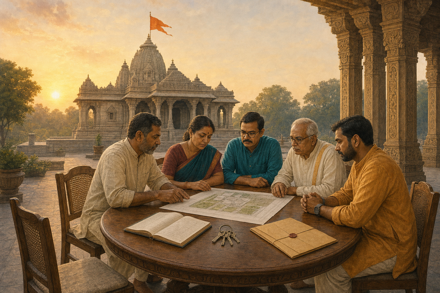Temple trustees and devotees review property plans, a ledger, keys, and documents at a table outside a stone Hindu temple.