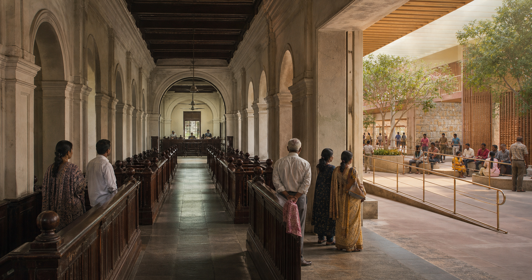 People stand where a dark colonial-style institutional corridor opens into a bright, accessible civic space with ramps and shared seating.