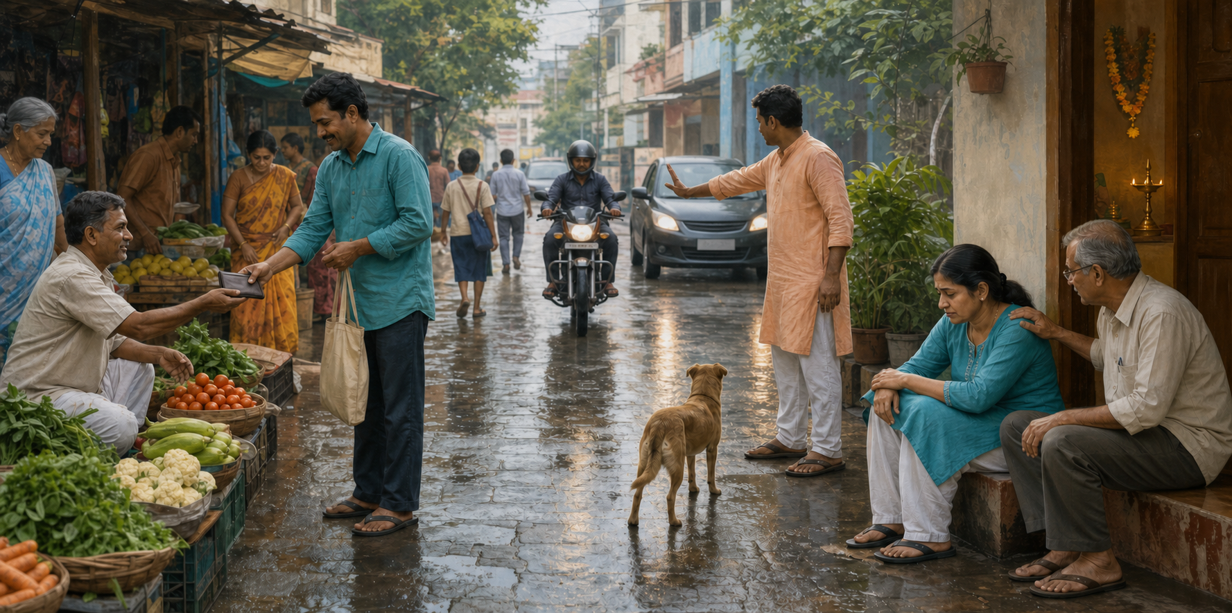 People in an Indian neighborhood return a wallet, comfort a neighbor, and protect a stray animal near a home doorway.