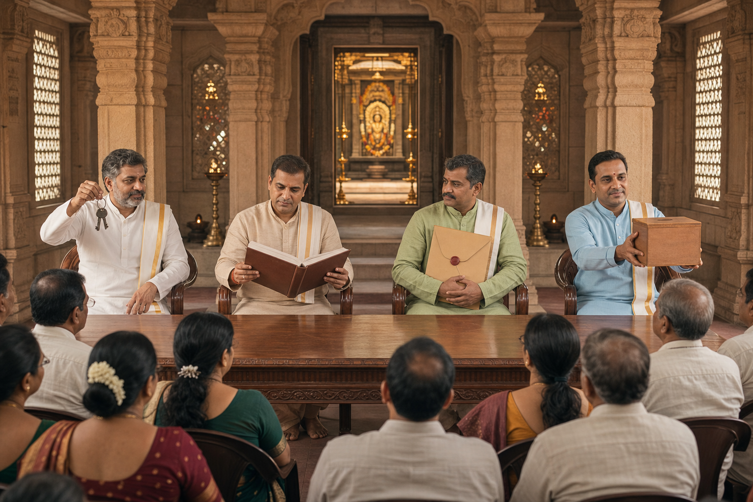 Four temple stewards separately handle keys, financial records, property documents, and a ballot box while devotees observe.