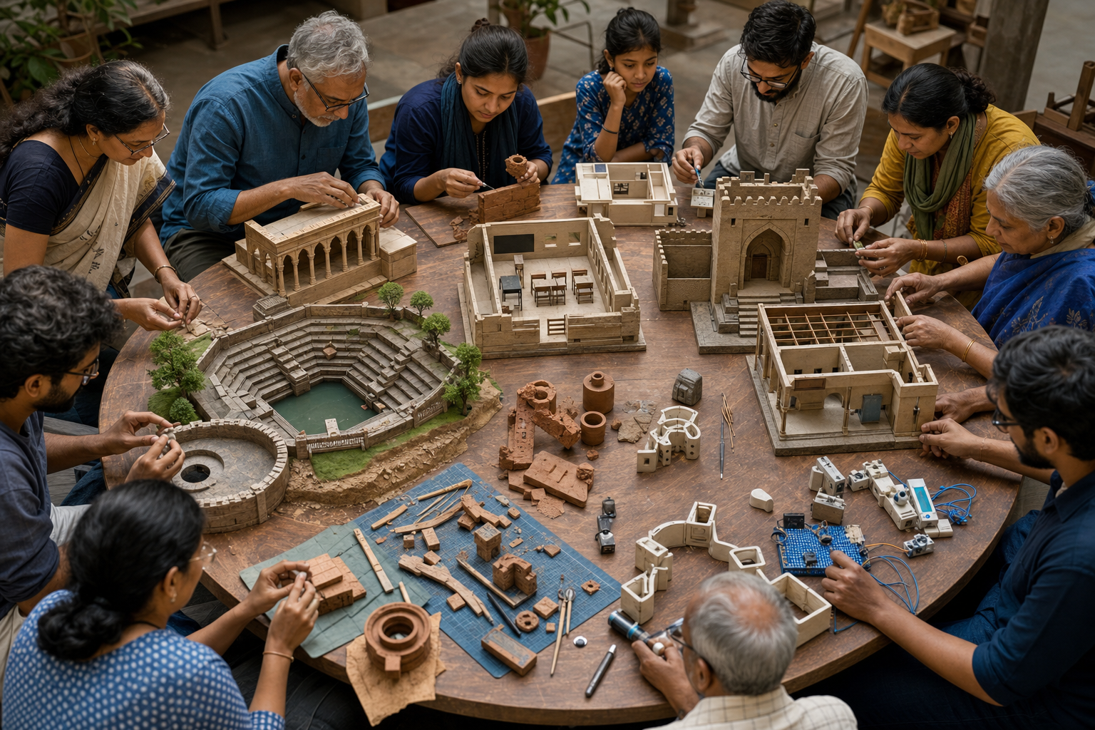 Historians, artisans, teachers, engineers and residents work around a circular table containing models of public institutions and infrastructure.