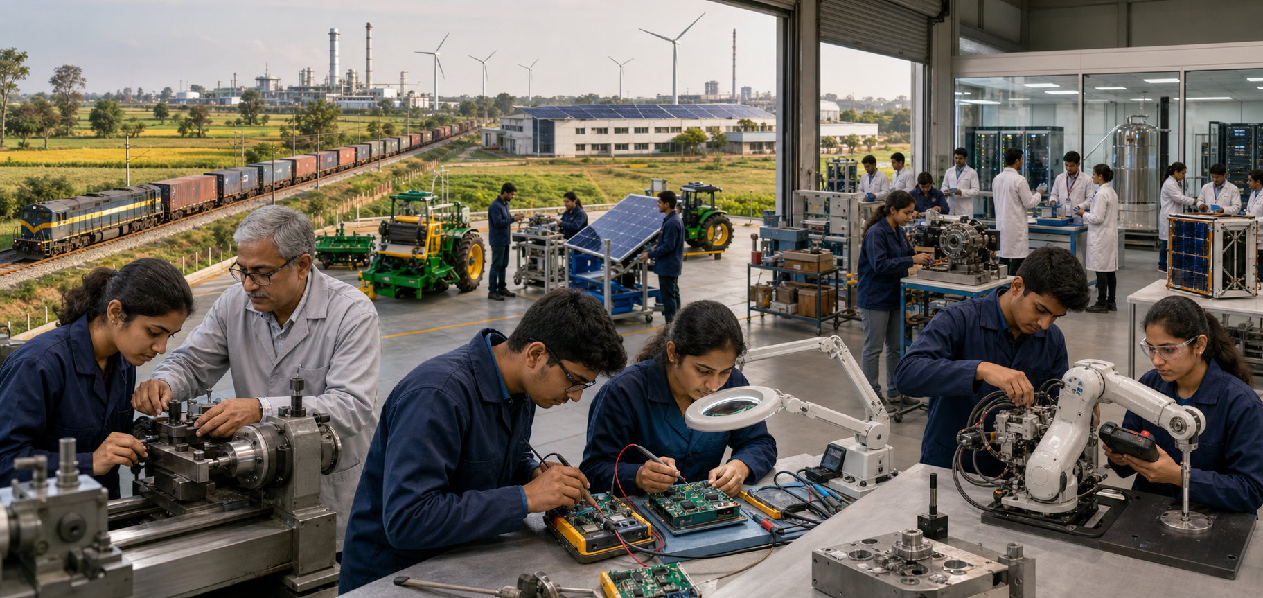 Students, technicians and researchers work across connected machining, electronics, robotics, clean-energy and advanced manufacturing laboratories in India.