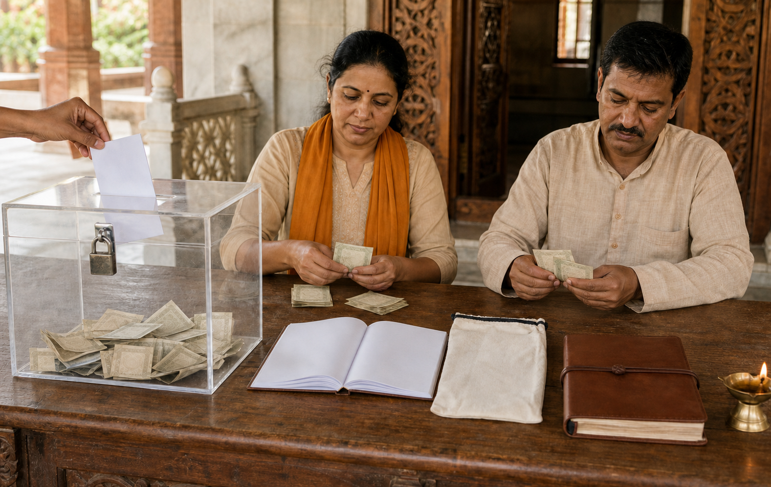 A donation moves from a locked collection box through two-person counting, a blank receipt book, a deposit pouch, and a secured ledger.