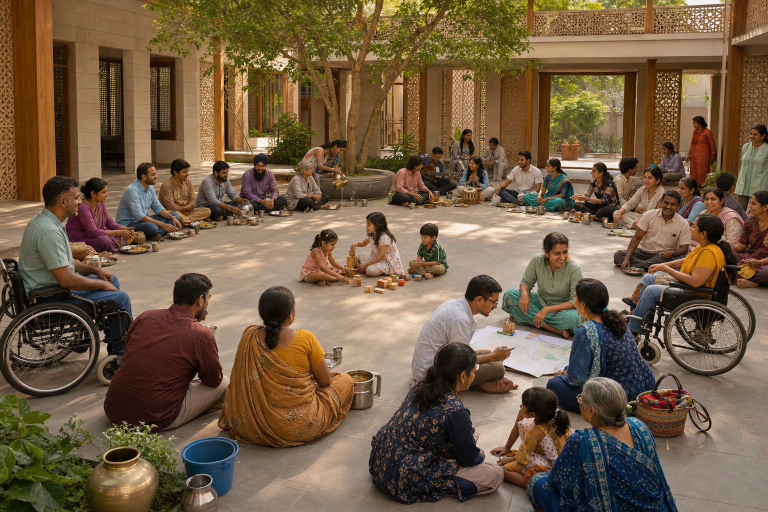 A diverse Indian community sits in an equal circle within an accessible modern courtyard while sharing civic and communal responsibilities.