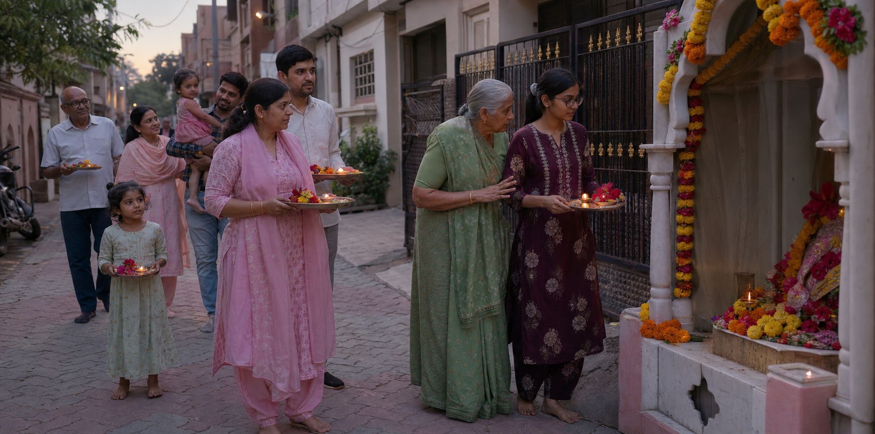 Families gather with offering trays at a flower-decorated neighborhood shrine in a Gujarati residential lane.