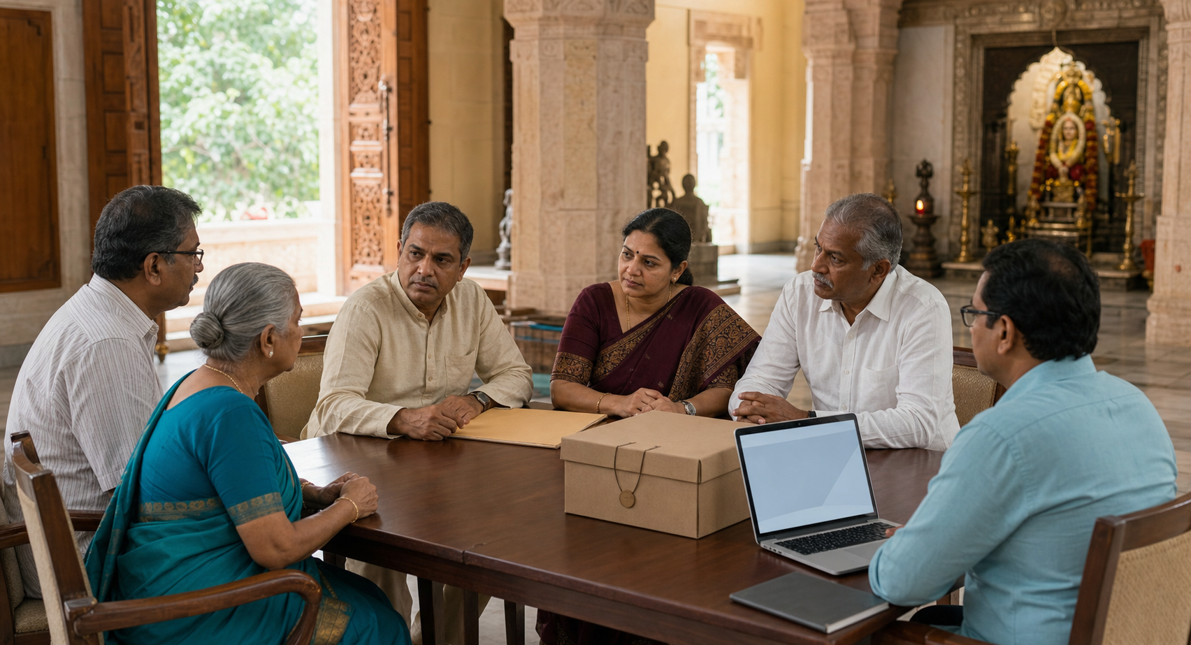 Temple representatives listen to a concerned devotee while reviewing secured records with an independent reviewer present.