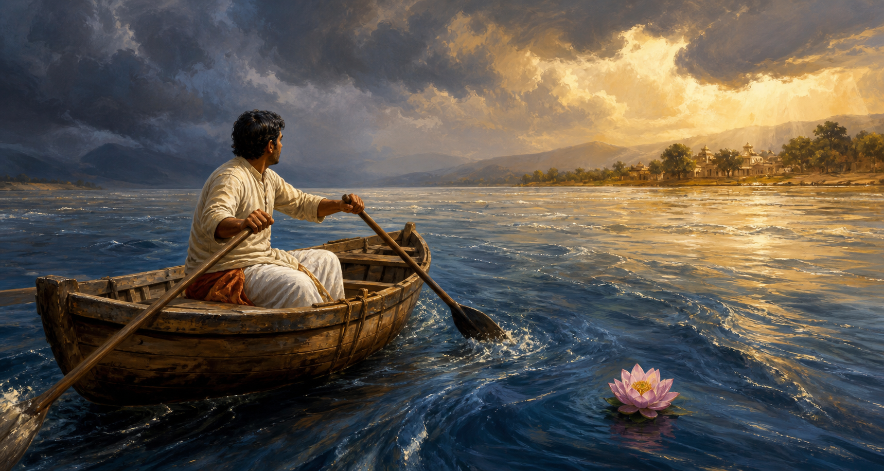 A person rows a wooden boat toward a distant riverbank while a lotus flower drifts freely in the current.
