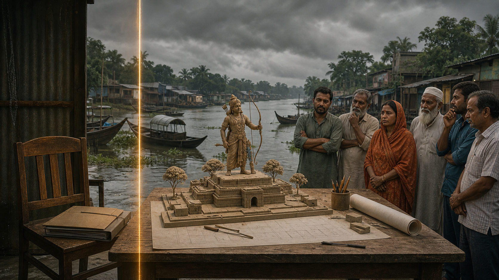 An unfinished scale model of Lord Ram sits between an empty chair with legal folders and a distant group of concerned community members.