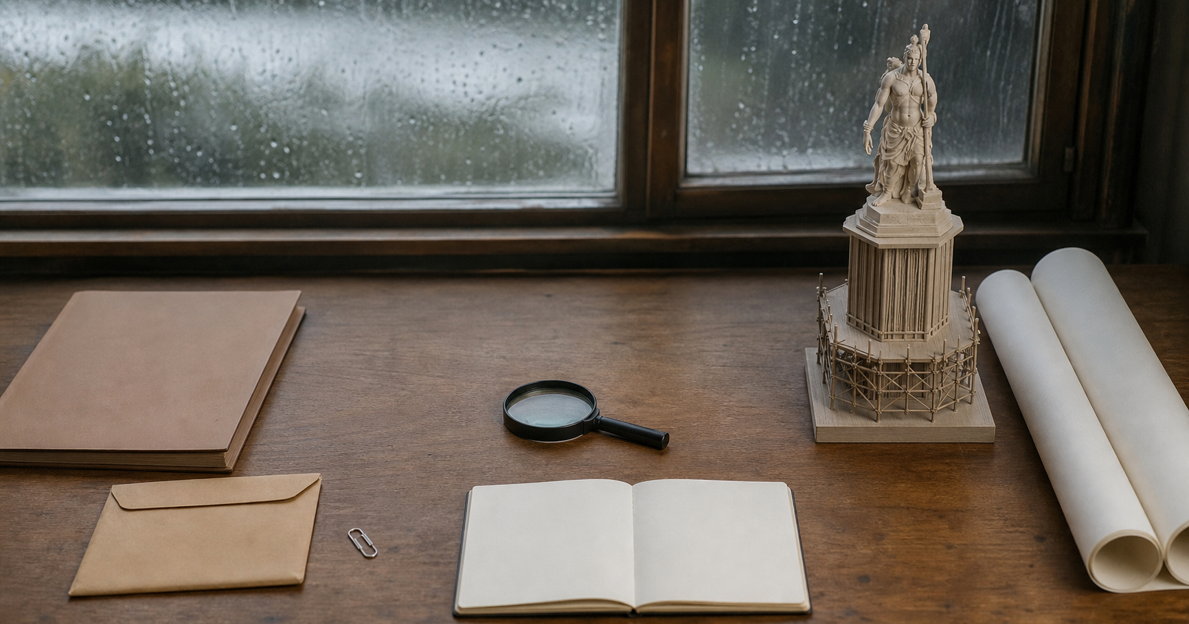 A legal folder and evidence envelope sit apart from a small proposed Ram statue model, with a magnifying glass and blank notebook between them.