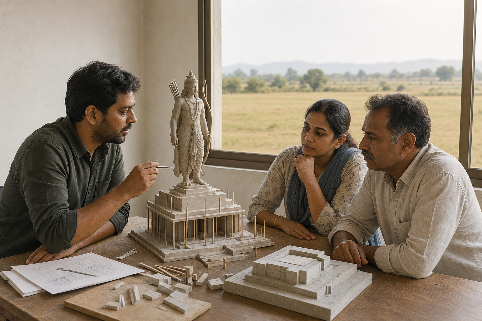 An architect and two residents examine an unfinished model of a Ram monument while an empty field is visible outside.