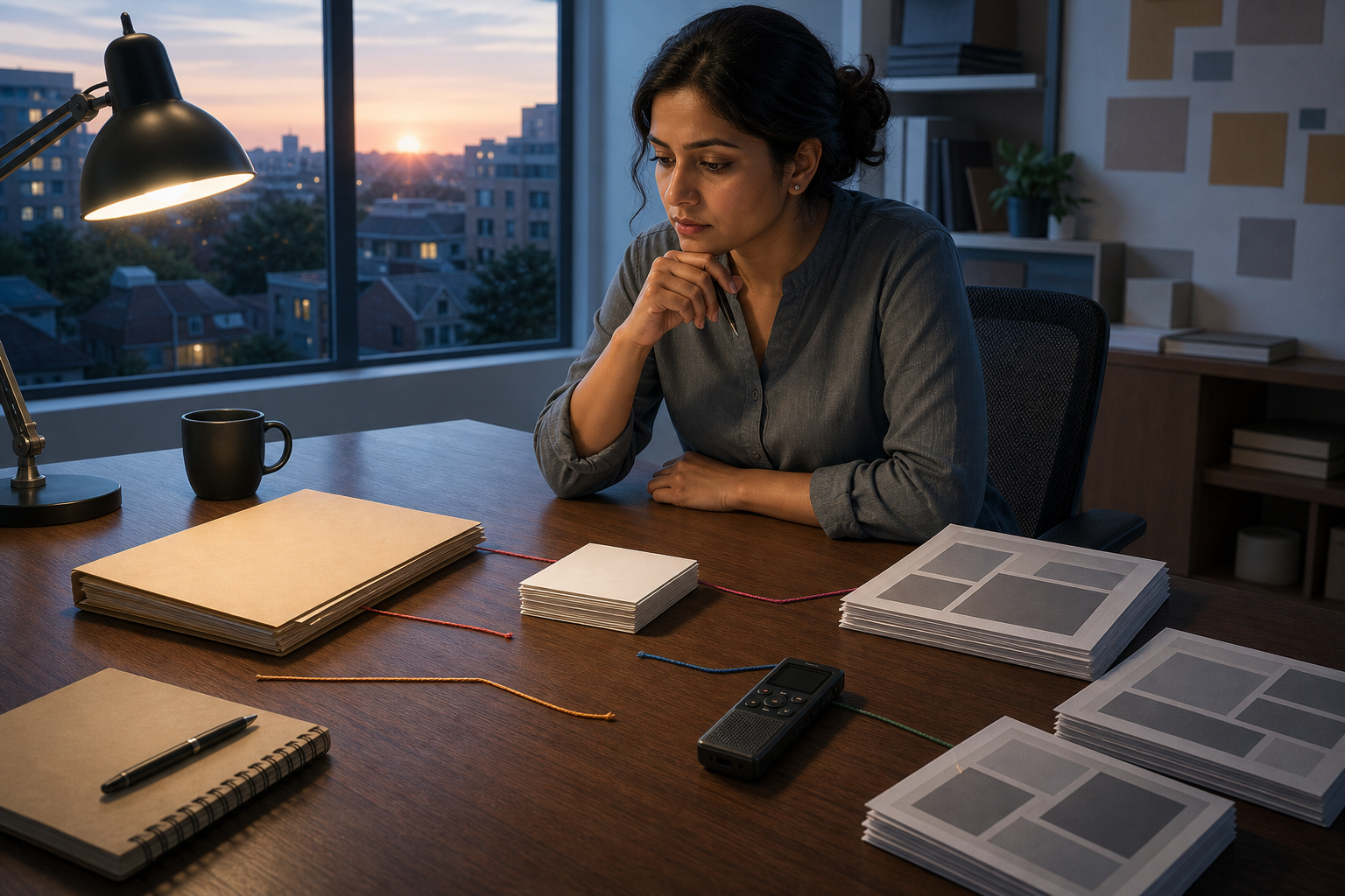 A researcher compares separate folders, note cards, a recorder and generic news materials while checking whether the sources connect.