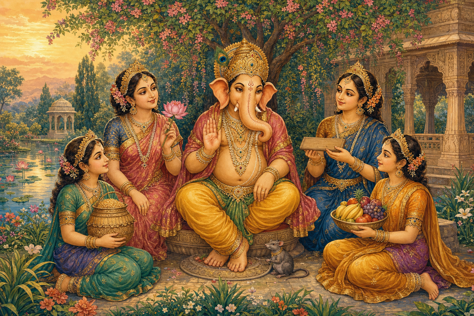 Ganesha, Siddhi, Buddhi, Kshema, and Labha gather in a temple garden with a lotus, grain vessel, and fruit bowl.